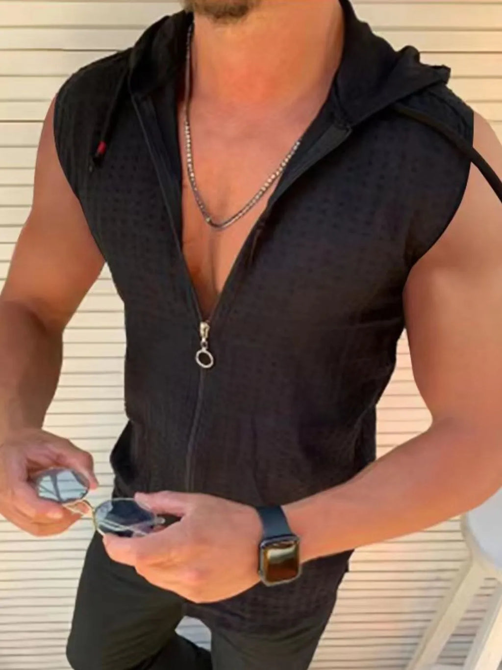 Men's Full Size Zip Up Sleeveless Hooded Top Plus Size -  by Trendsi | Available at Handbags Specialist Headquarter