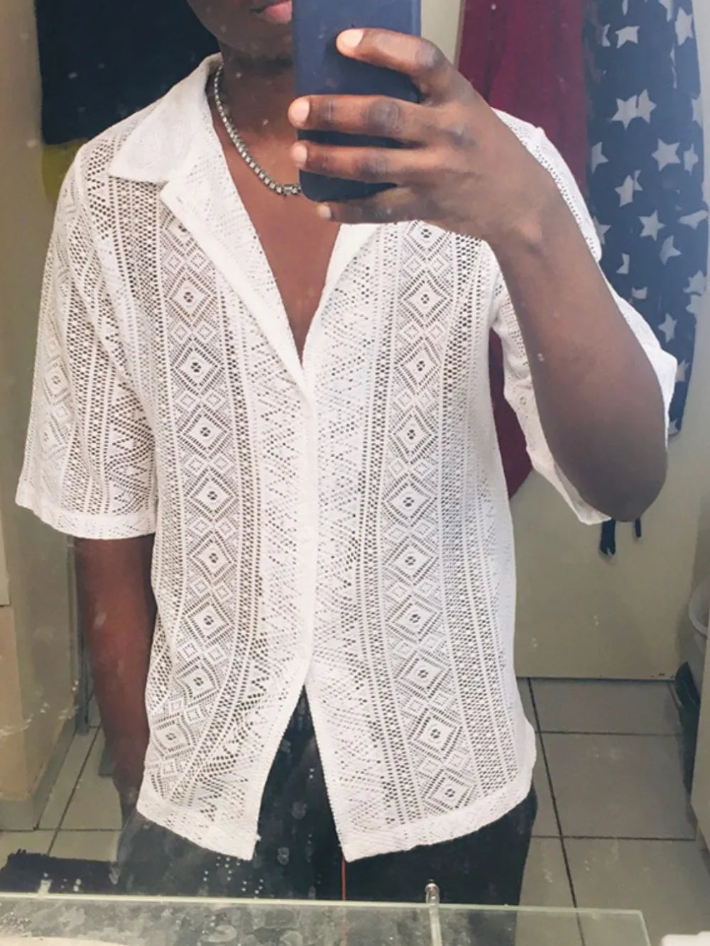 Men's Full Size Lace Half Sleeve Button Down Shirt Plus Size - Men's T Shirt by Trendsi | Available at Handbags Specialist Headquarter