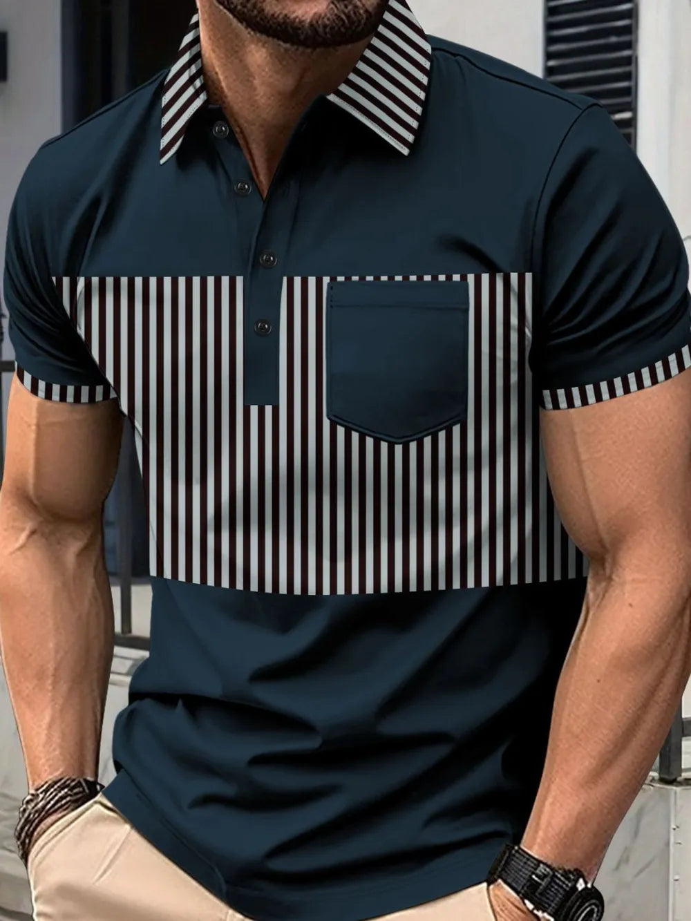 Men's Full Size Collared Contrast Striped Polo Plus Size - Men's Polo shirt by Trendsi | Available at Handbags Specialist Headquarter