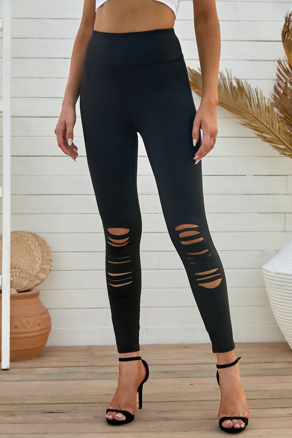 Wide Waistband Distressed Slim Fit Leggings - Leggings by Trendsi | Available at Handbags Specialist Headquarter