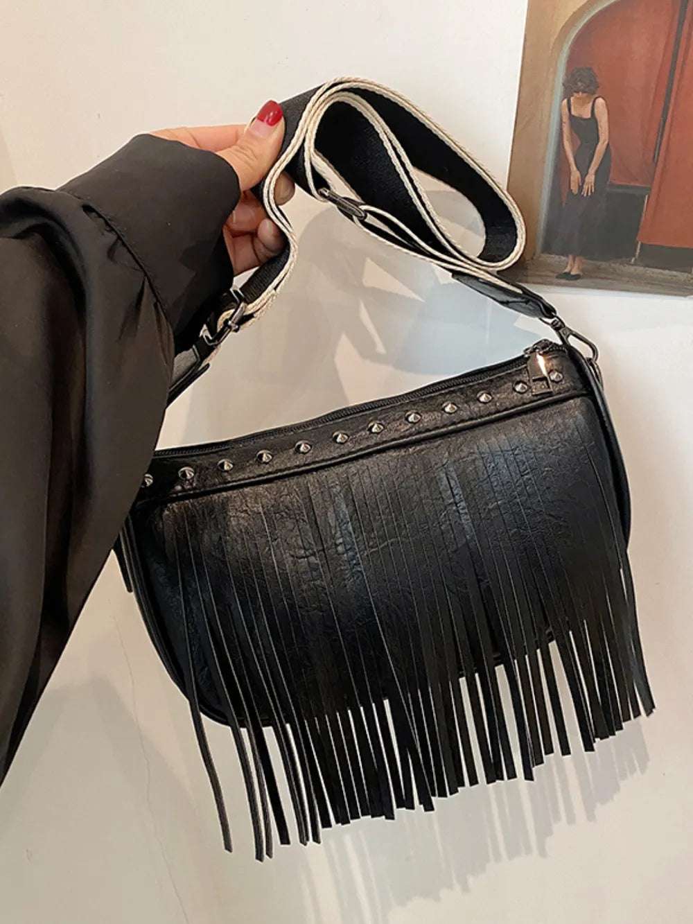 PU Leather Fringe Studded Crossbody Bag - Crossbody Bag by Trendsi | Available at Handbags Specialist Headquarter