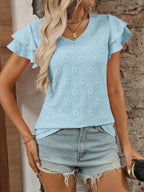 Eyelet V-Neck Ruffled Cap Sleeve Top - Tops by Trendsi | Available at Handbags Specialist Headquarter
