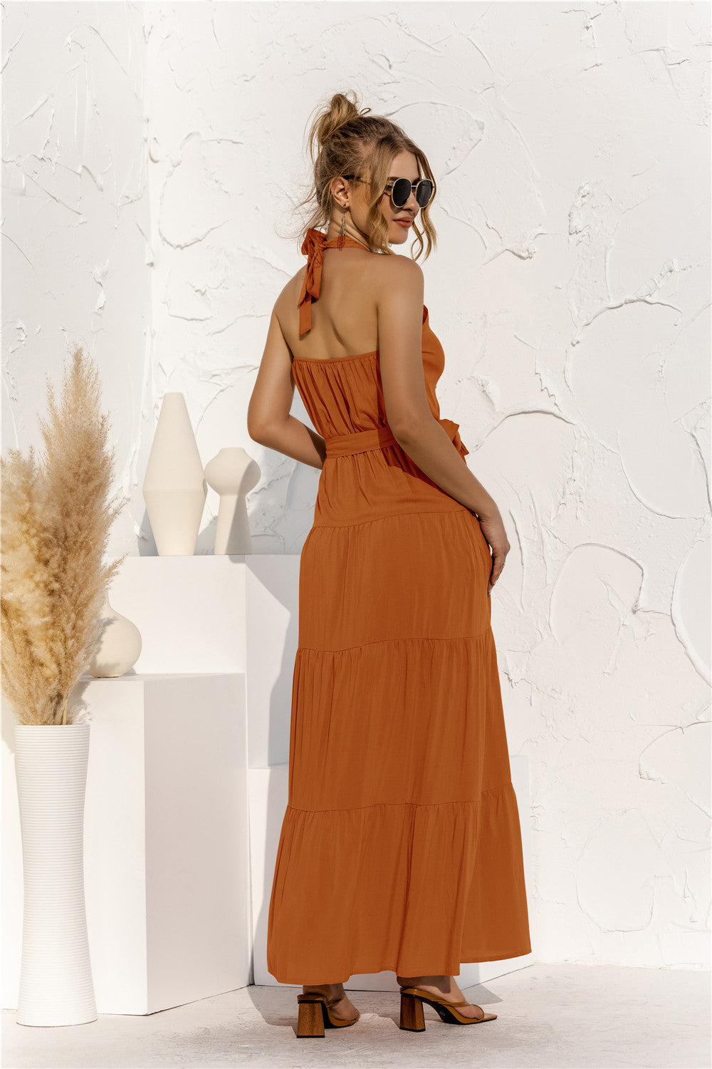 Halter Neck Tie Waist Tiered Maxi Dress - Maxi Dress by Trendsi | Available at Handbags Specialist Headquarter