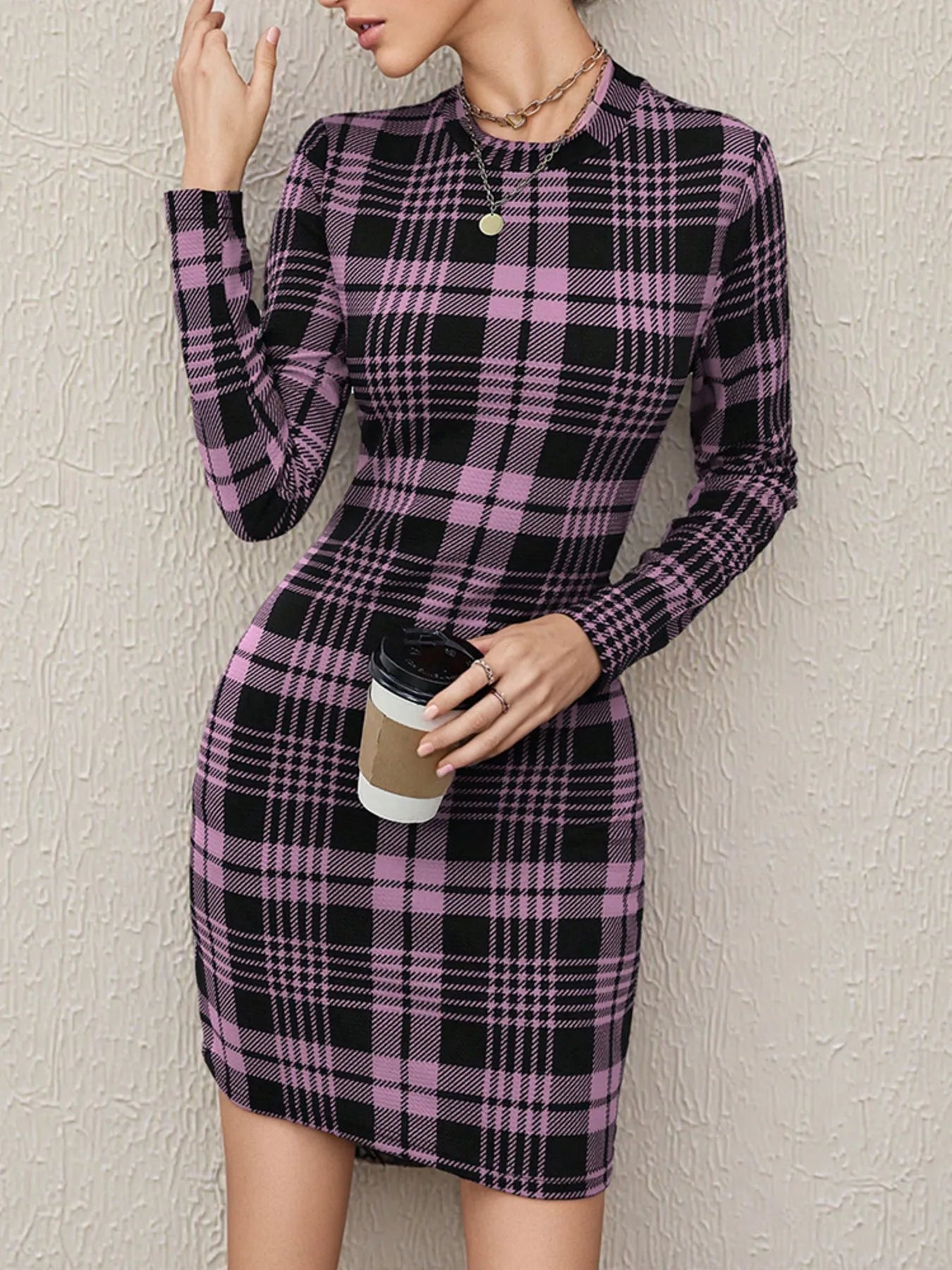 Long Sleeve Plaid Bodycon Mini Dress - Maxi Dress by Trendsi | Available at Handbags Specialist Headquarter
