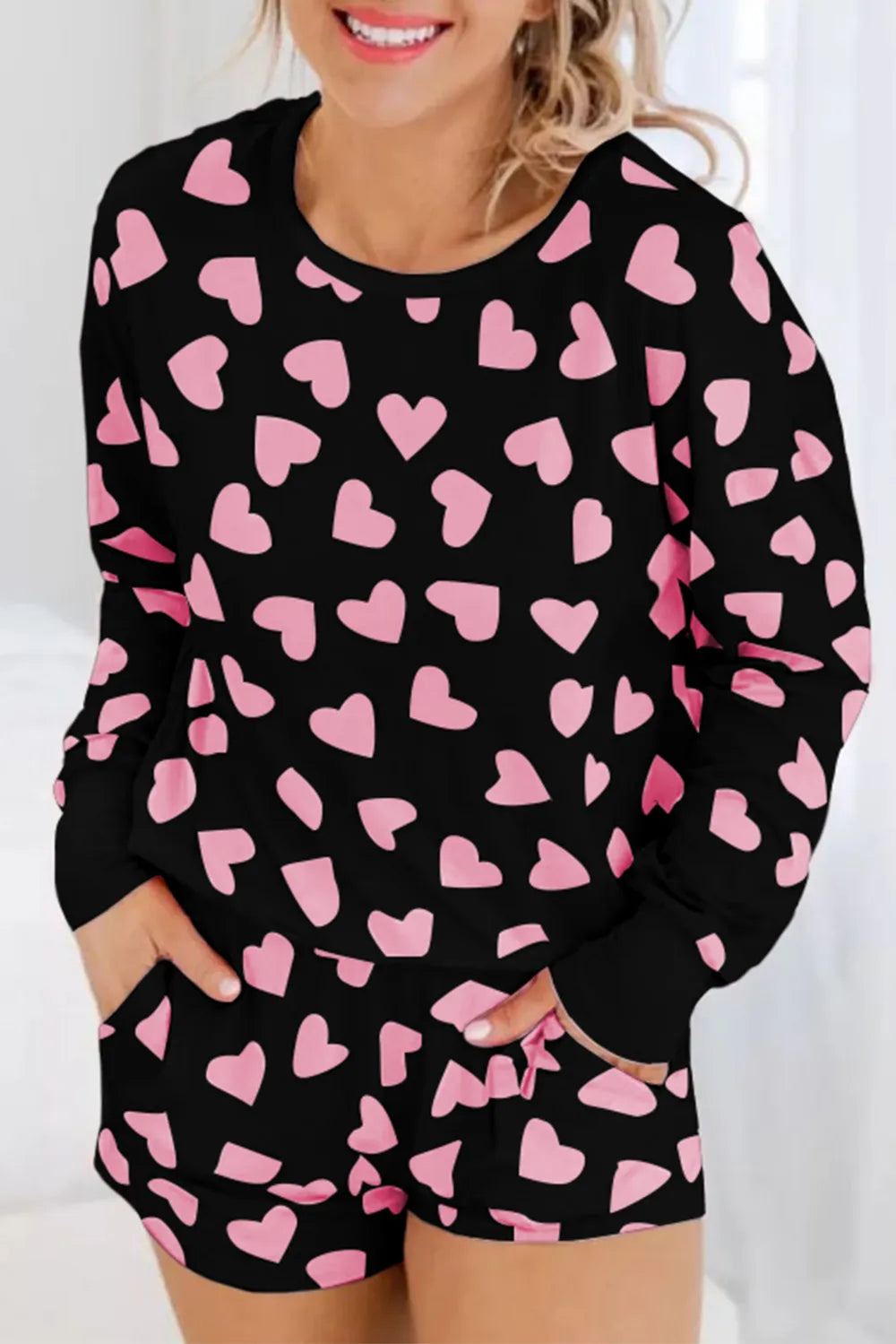 Heart Print Long Sleeve Top and Shorts Lounge Set - Sleepwear by Trendsi | Available at Handbags Specialist Headquarter