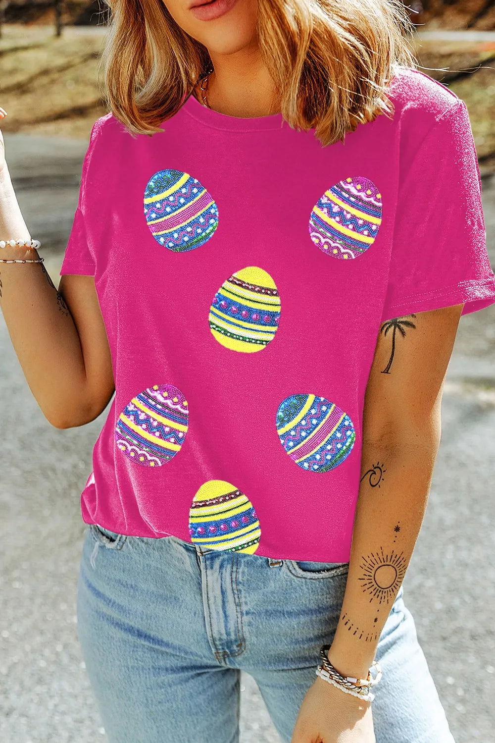 Sequin Easter Egg Short Sleeve T-Shirt - Tops by Trendsi | Available at Handbags Specialist Headquarter