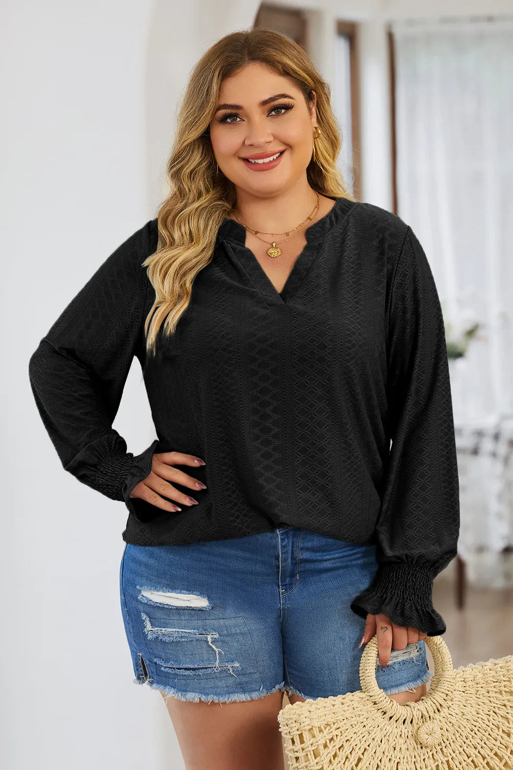 Plus Size Eyelet Notched Flounce Sleeve Blouse - Plus Size Shirts by Trendsi | Available at Handbags Specialist Headquarter