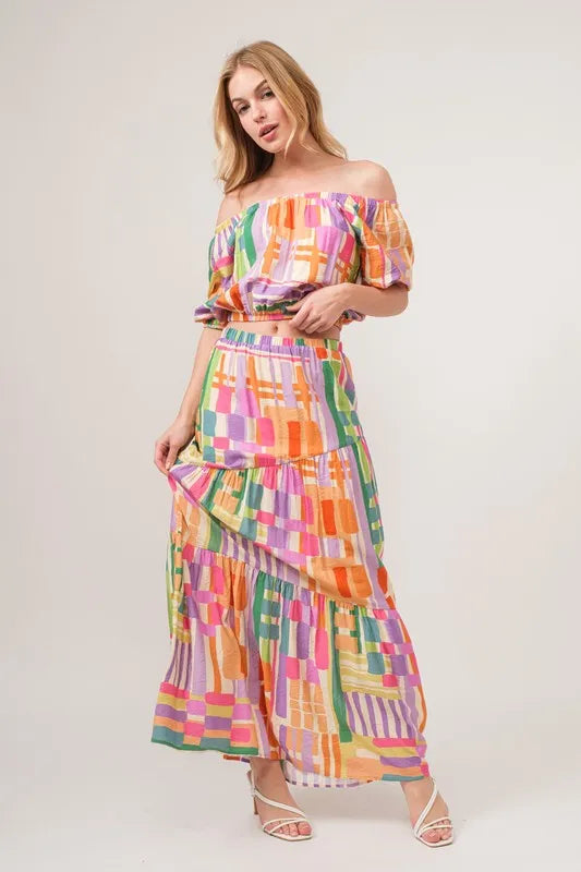 And The Why Asymmetric Geo Printed Tiered Maxi Skirt - Skirts by Trendsi | Available at Handbags Specialist Headquarter