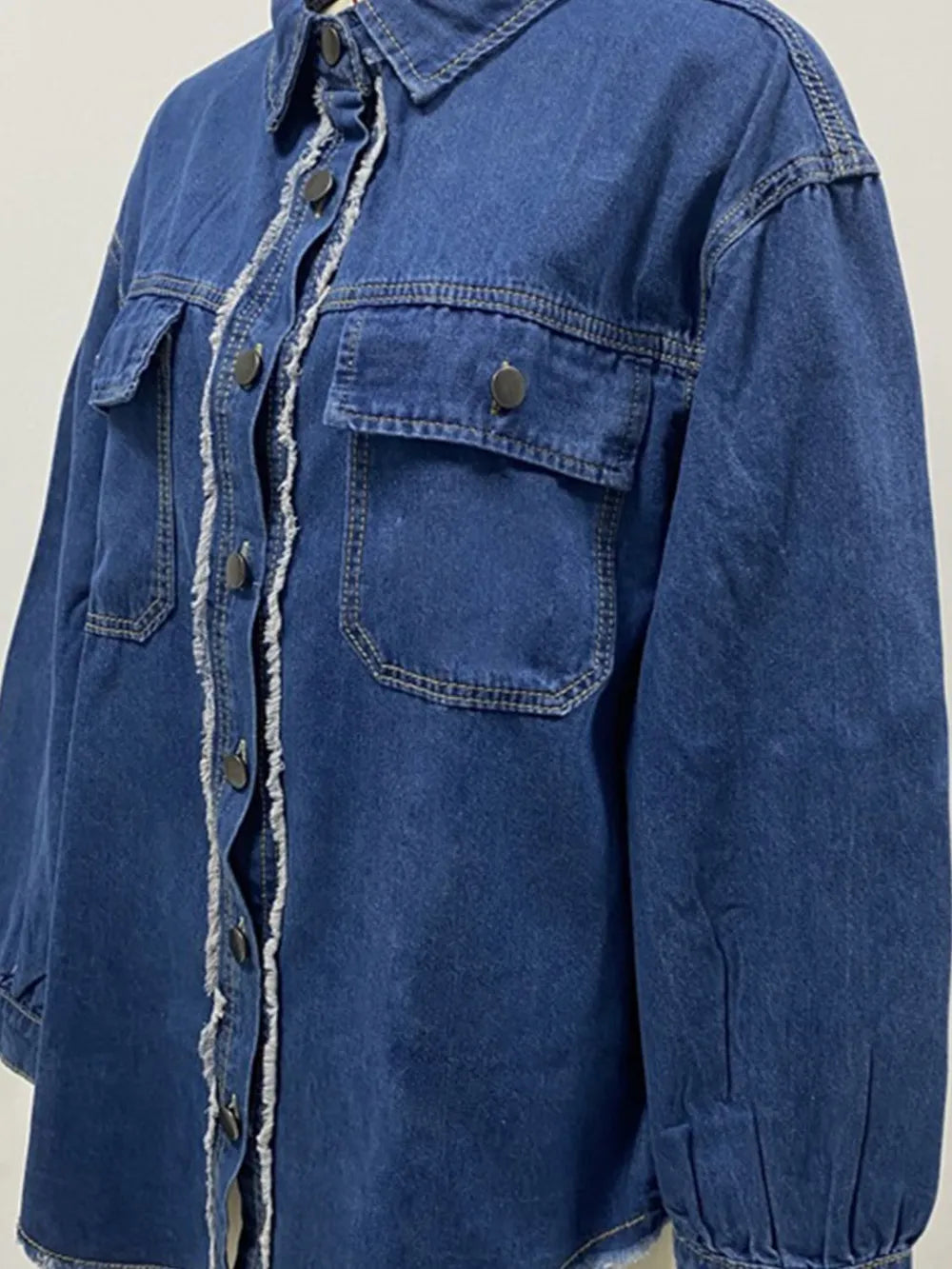 Pocketed Collared Neck Long Sleeve Denim Shirt - Women / Jeans & Denim by Trendsi | Available at Handbags Specialist Headquarter