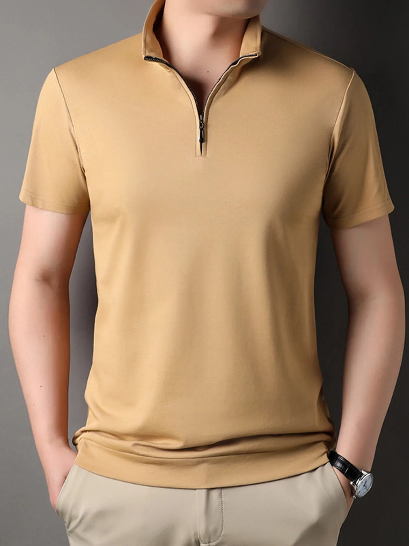 Men's Plus Size Zip Collar Short Sleeve Polo Shirt - Men's Polo shirt by Trendsi | Available at Handbags Specialist Headquarter