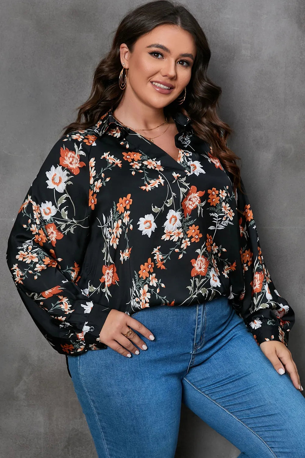 Plus Size Printed Johnny Collar Long Sleeve Blouse - Plus Size Shirts by Trendsi | Available at Handbags Specialist Headquarter