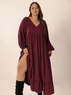 Plus Size Ruffled Hem V-Neck Balloon Sleeve Dress - Dresses by Trendsi | Available at Handbags Specialist Headquarter