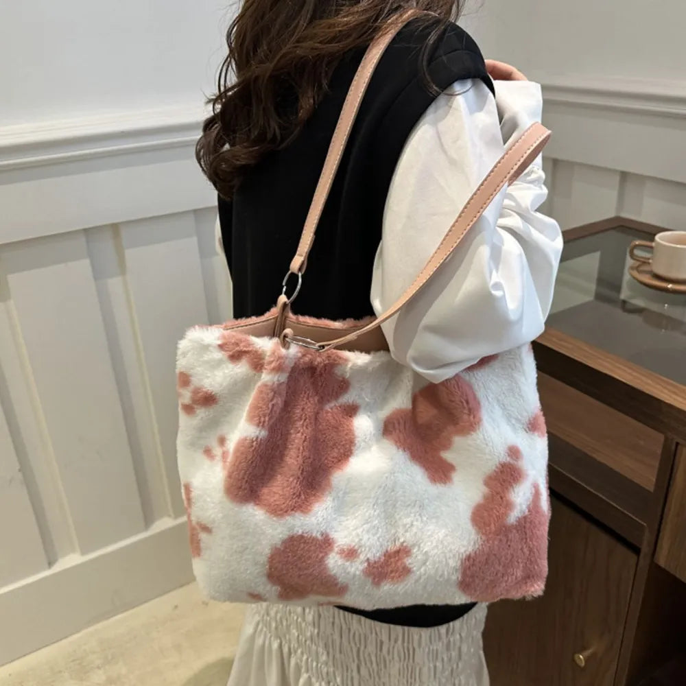 Cow Print Furry Tote Bag - Tote Bag by Trendsi | Available at Handbags Specialist Headquarter