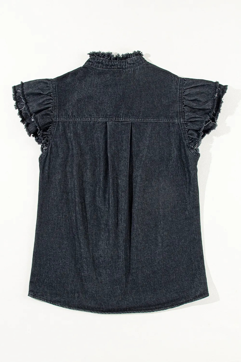 Button Down Raw Hem Ruffled Denim Shirt - Women / Jeans & Denim by Trendsi | Available at Handbags Specialist Headquarter