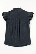 Button Down Raw Hem Ruffled Denim Shirt - Women / Jeans & Denim by Trendsi | Available at Handbags Specialist Headquarter