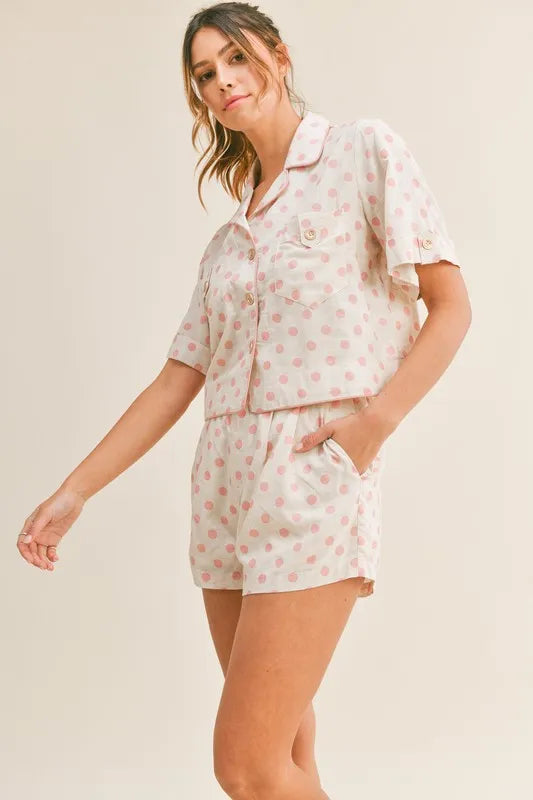 MABLE Polka Dot Collar Crop Top and Short Lounge Set - Sleepwear by Trendsi | Available at Handbags Specialist Headquarter