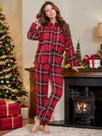 Plaid Collared Neck Long Sleeve Top and Pants Lounge Set - Sleepwear by Trendsi | Available at Handbags Specialist Headquarter