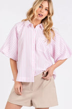 Mittoshop Button Down Striped Puff Sleeve Shirt - Women's Down Shirt Tops by Trendsi | Available at Handbags Specialist Headquarter