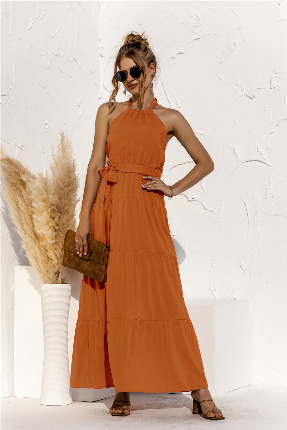 Halter Neck Tie Waist Tiered Maxi Dress - Maxi Dress by Trendsi | Available at Handbags Specialist Headquarter