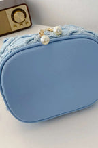 Chain Drawstring Raw Edge Denim Bucket Bag - Crossbody Bag by Trendsi | Available at Handbags Specialist Headquarter