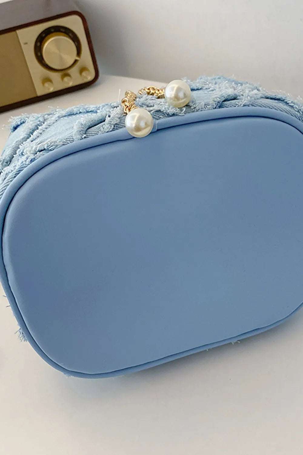 Chain Drawstring Raw Edge Denim Bucket Bag - Crossbody Bag by Trendsi | Available at Handbags Specialist Headquarter