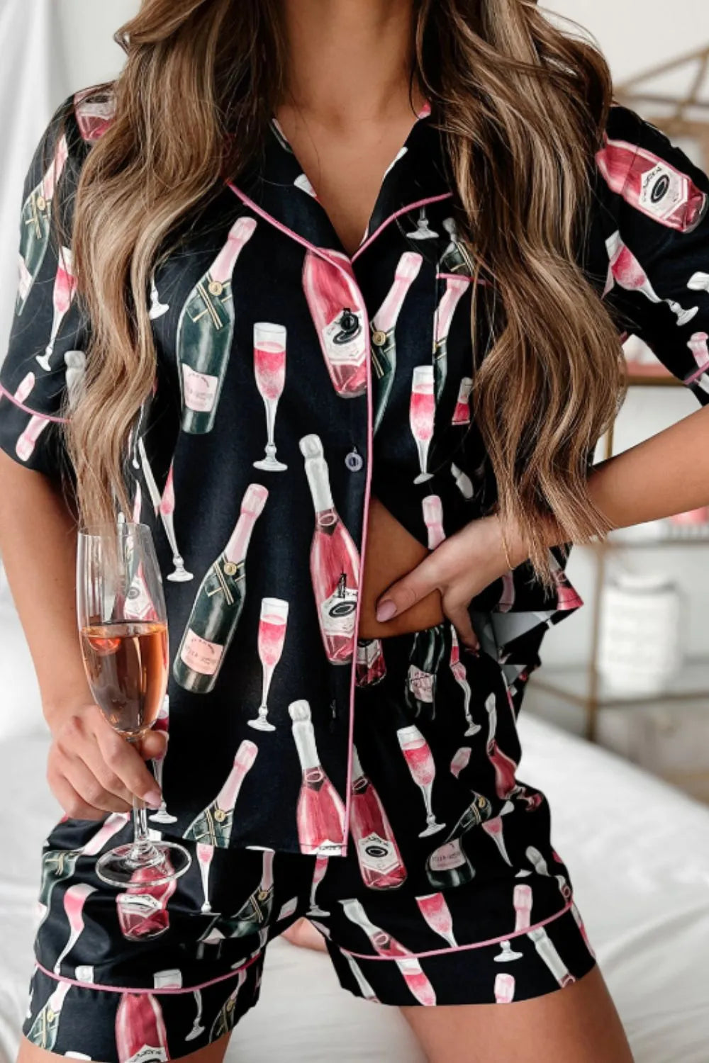 Champagne Print Short Sleeve Top and Shorts Set - Sleepwear by Trendsi | Available at Handbags Specialist Headquarter