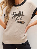 Howdy Cowboy Hat Embroidered Short Sleeve Sweater - Tops by Trendsi | Available at Handbags Specialist Headquarter