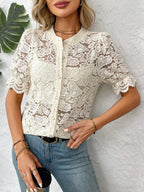 Button Down Half Sleeve Lace Shirt - Women's Down Shirt Tops by Trendsi | Available at Handbags Specialist Headquarter