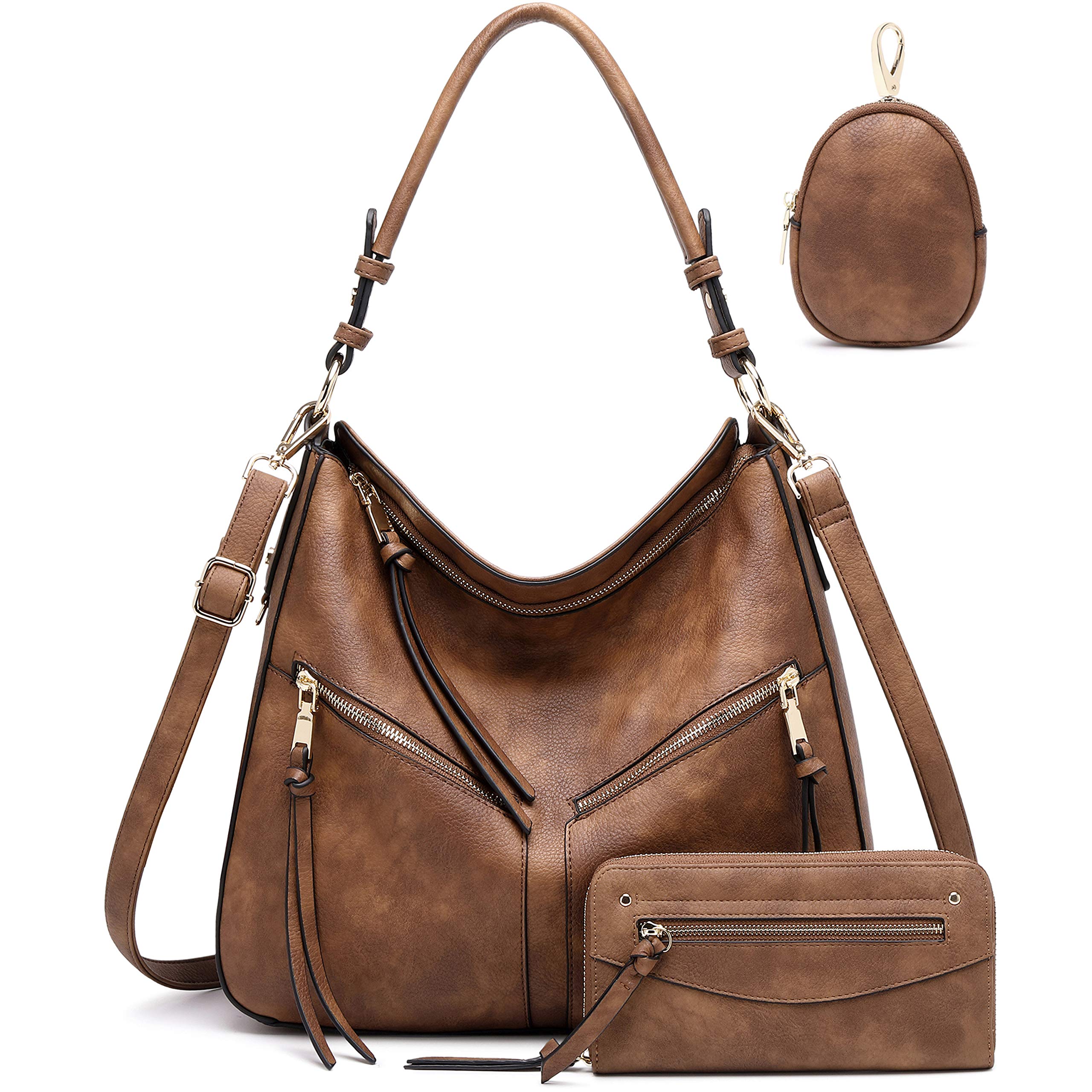 Brown leather handbag set with gold zippers, includes a large bag, wallet, and coin pouch.