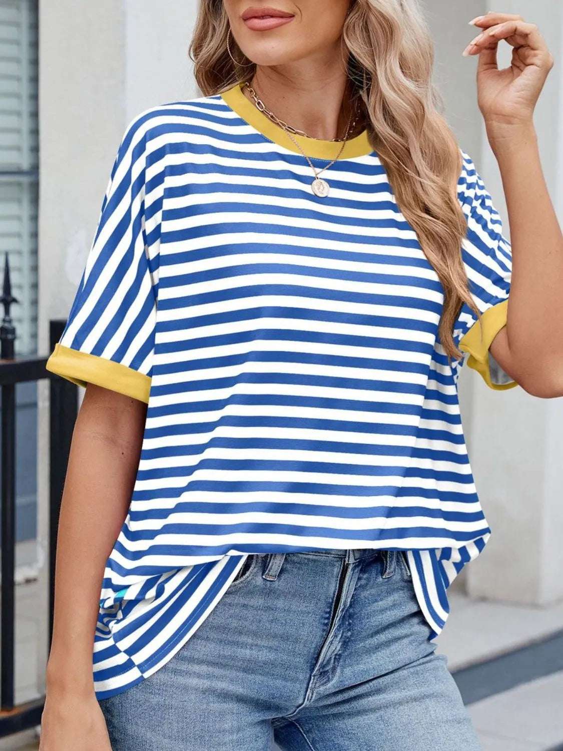 Striped Round Neck Half Sleeve T-Shirt - Women / Tops by Trendsi | Available at Handbags Specialist Headquarter