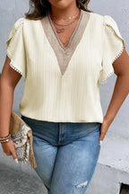 Plus Size V-Neck Petal Sleeve Blouse - Plus Size Shirts by Trendsi | Available at Handbags Specialist Headquarter