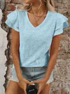 Eyelet V-Neck Ruffled Cap Sleeve Top - Tops by Trendsi | Available at Handbags Specialist Headquarter