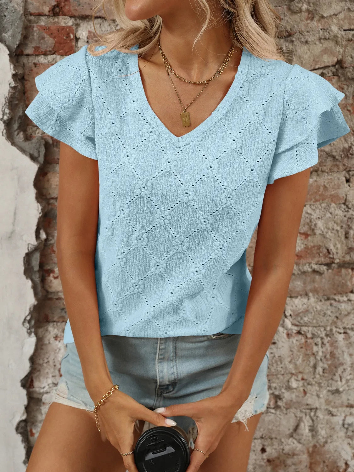 Eyelet V-Neck Ruffled Cap Sleeve Top - Tops by Trendsi | Available at Handbags Specialist Headquarter