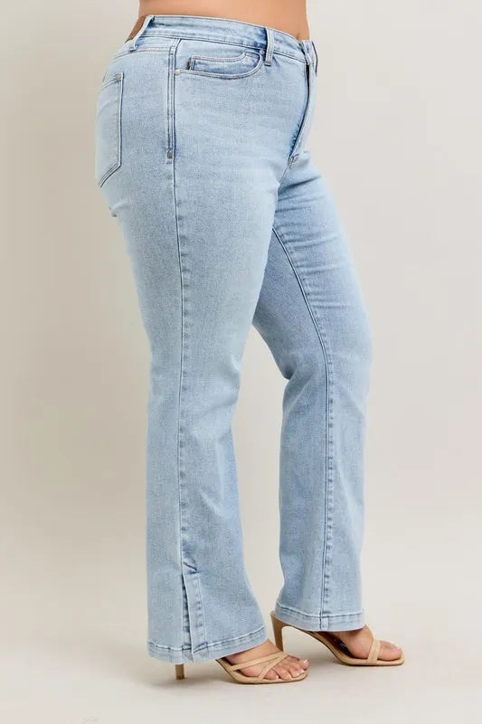 Judy Blue Full Size Tummy Control Vintage Wash Side Slit Slim Boot Jeans Plus Size - Women / Jeans & Denim by Trendsi | Available at Handbags Specialist Headquarter