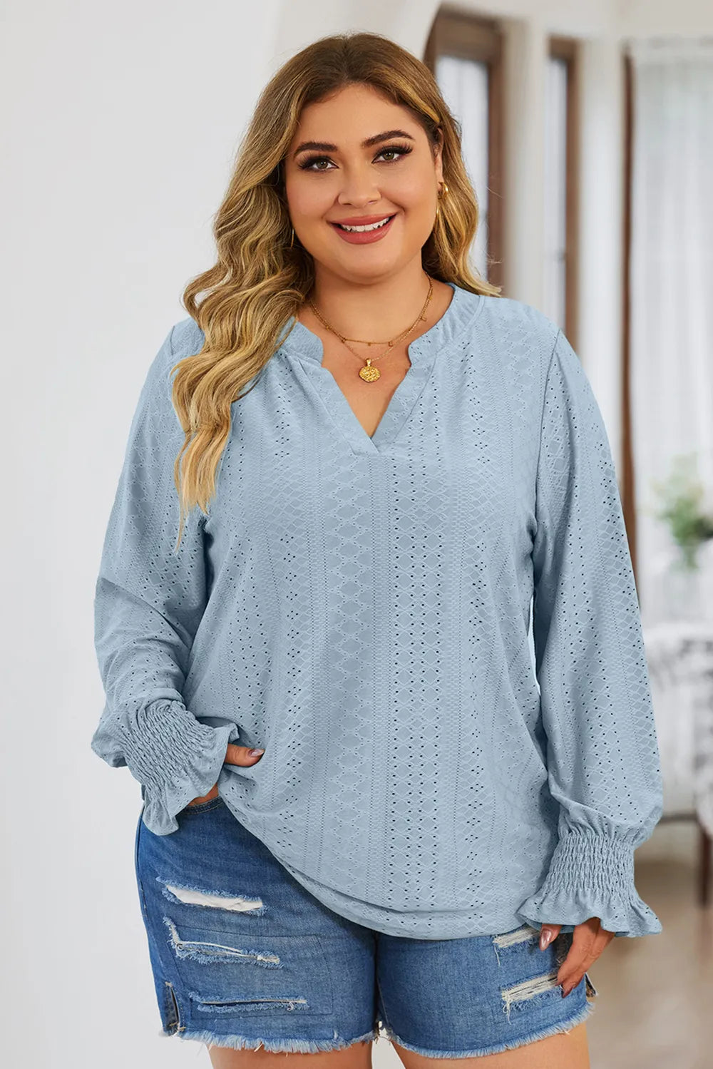 Plus Size Eyelet Notched Flounce Sleeve Blouse - Plus Size Shirts by Trendsi | Available at Handbags Specialist Headquarter