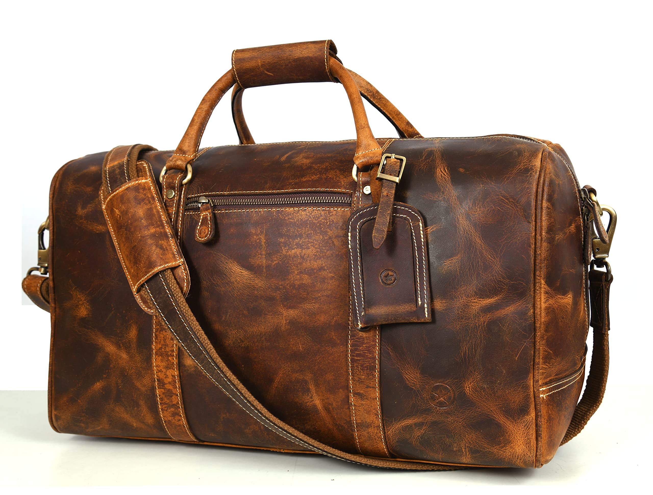 Brown leather duffle bag with handles, shoulder strap, and front zipper pocket.