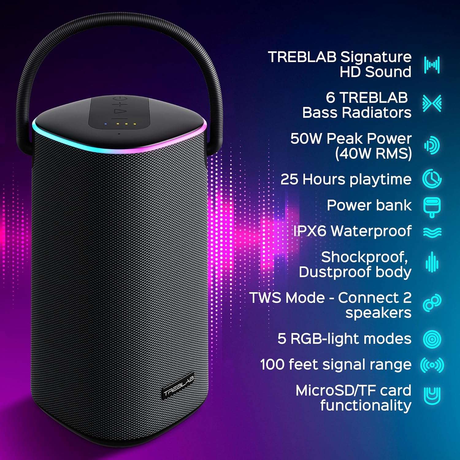 TREBLAB BassBoost Bluetooth Speaker with RGB Glow - Decor by Handbags Specialist Headquarter | Available at Handbags Specialist Headquarter