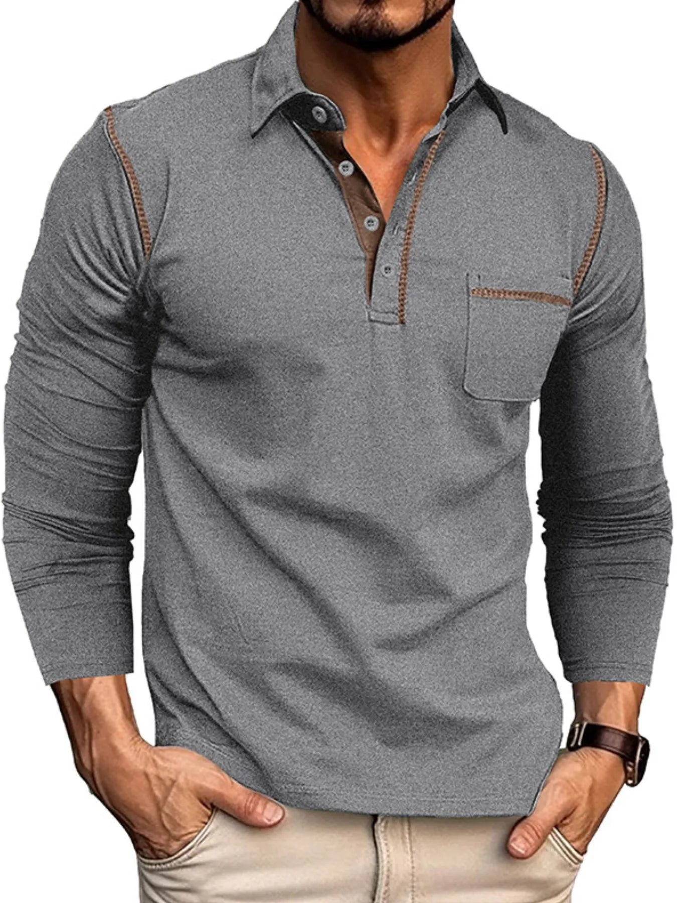 Men's Long Sleeve Polo Shirt with Contrast Stitching - Men's Polo shirt by Trendsi | Available at Handbags Specialist Headquarter