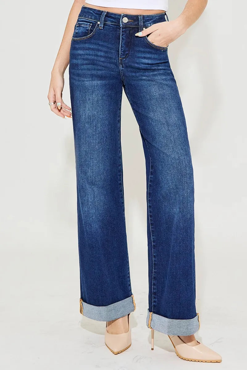 RISEN Full Size Tummy Control High Rise Wide Leg Cuffed Jeans Plus Size - Women / Jeans & Denim by Trendsi | Available at Handbags Specialist Headquarter