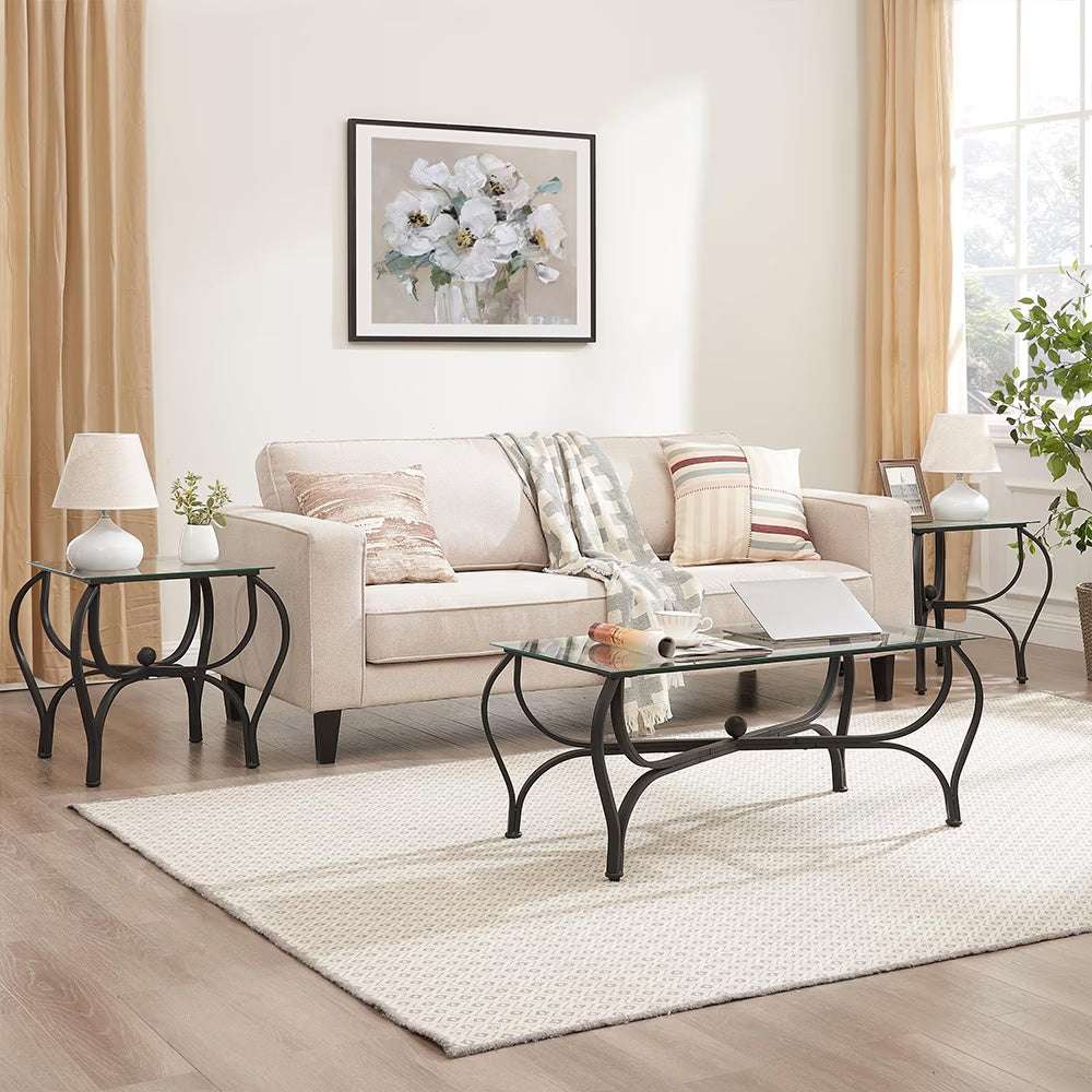 TriGlass Chic: Sleek 3-Piece Coffee Table Set - decor by Trendsi | Available at Handbags Specialist Headquarter