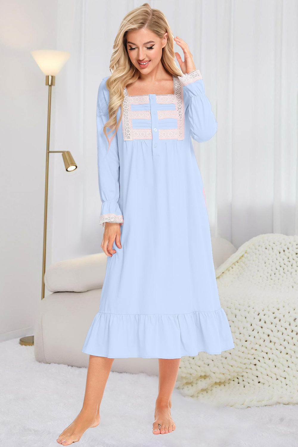 Lace Detail Square Neck Flounce Sleeve Night Dress - Sleepwear by Trendsi | Available at Handbags Specialist Headquarter