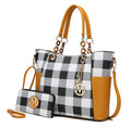 Checkered black and white handbag with mustard accents, gold chain, and matching wallet.
