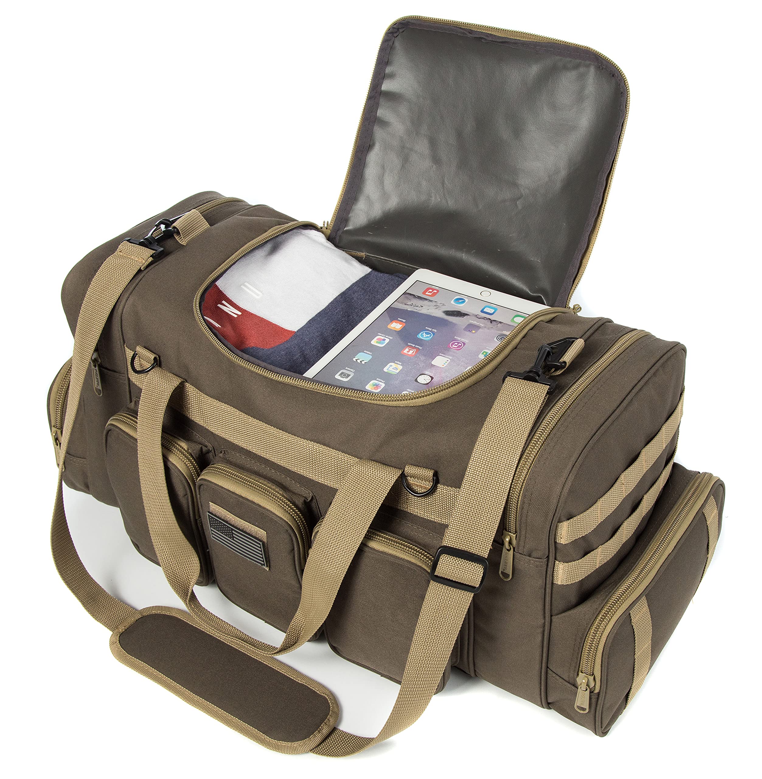 K-Cliffs Heavy Duty Tactical Range Duffel Quality Gear Travel Sports Gym Equipment Bag Military Molle Lockable Zippers with US Flag Patch 27 Inch Black – ##variant## 