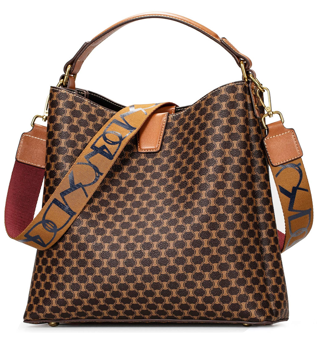 Brown patterned handbag with leather handle and adjustable strap featuring blue lettering.