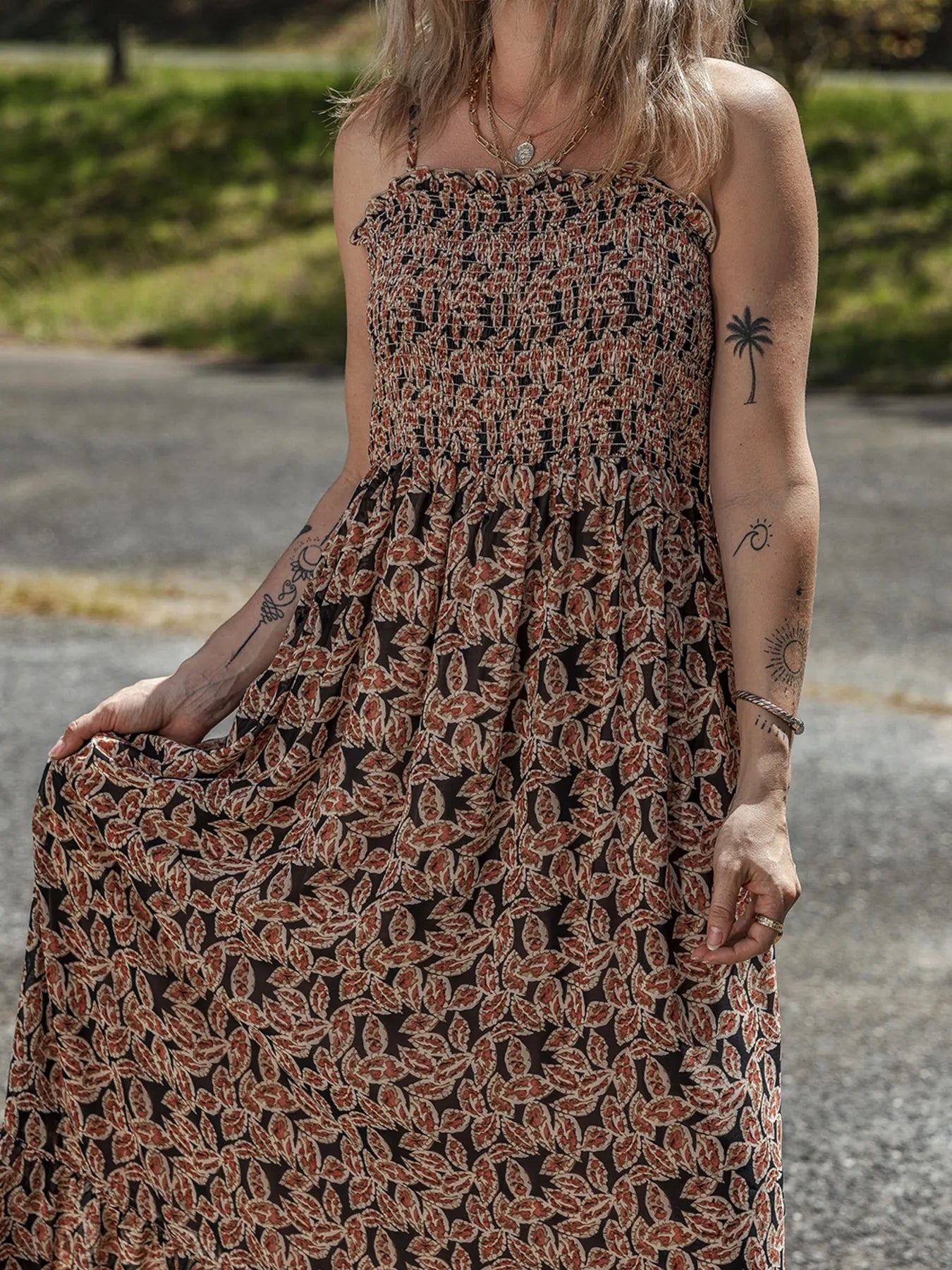 Printed Smocked Bodice Maxi Dress - Maxi Dress by Trendsi | Available at Handbags Specialist Headquarter