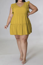 Plus Size V-Neck Frill Trim Mini Dress - Dresses by Trendsi | Available at Handbags Specialist Headquarter
