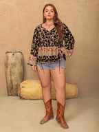 Plus Size Printed Tie Neck Balloon Sleeve Blouse - Plus Size Shirts by Trendsi | Available at Handbags Specialist Headquarter