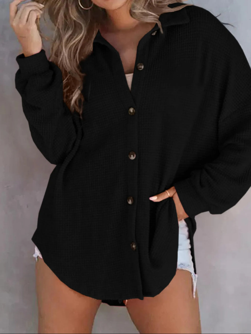 Waffle Knit Button-Down Shirt - Tops by Trendsi | Available at Handbags Specialist Headquarter