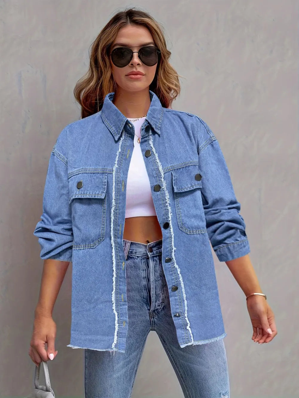 Pocketed Collared Neck Long Sleeve Denim Shirt - Women / Jeans & Denim by Trendsi | Available at Handbags Specialist Headquarter