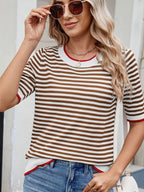 Striped Casual T-Shirt with Contrast Trim - Tops by Trendsi | Available at Handbags Specialist Headquarter
